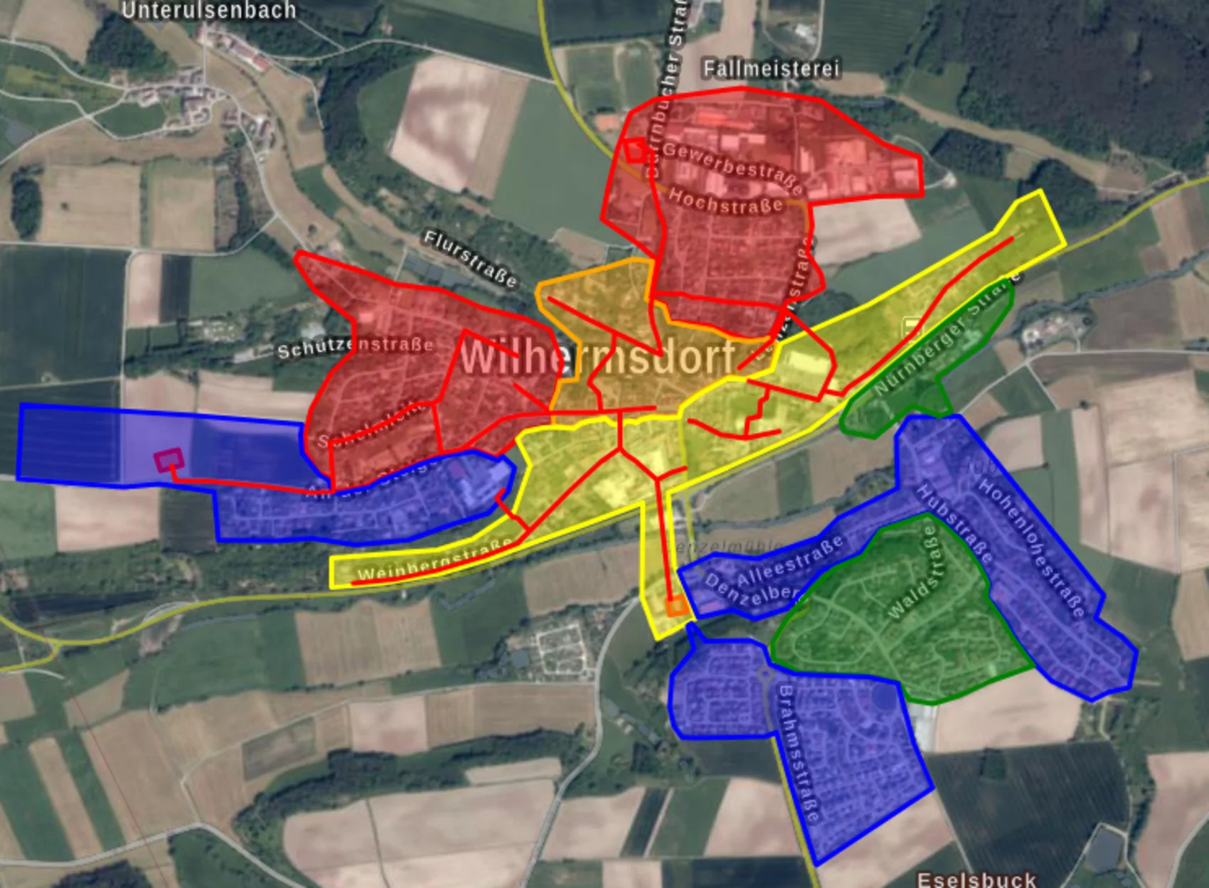 Heißnetz (rot, orange, gelb + Alleestr. und Holzmüllerweg) und Kaltnetz (blau, grün)